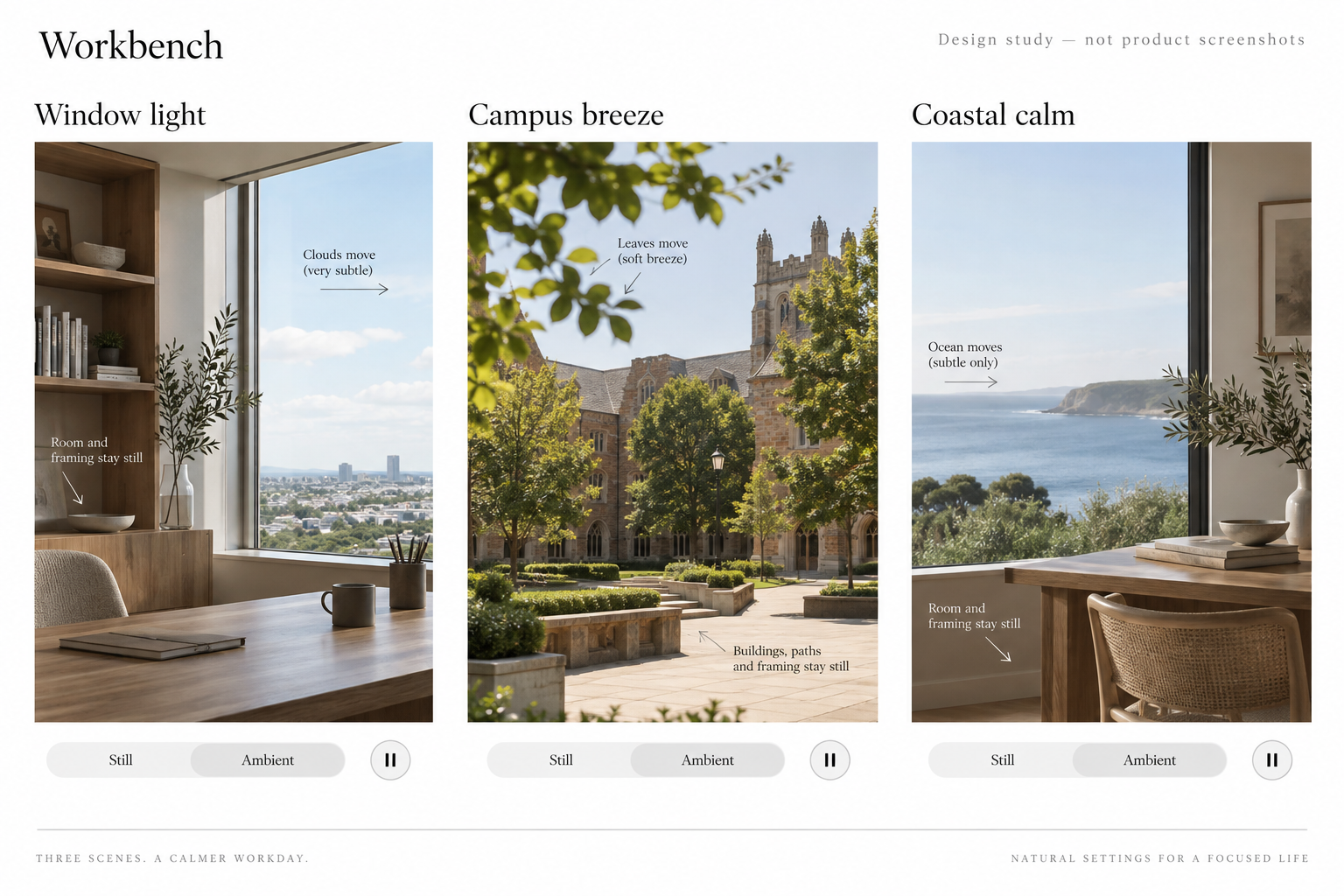 Generated early design study of office, campus and coastal ambient scenes.