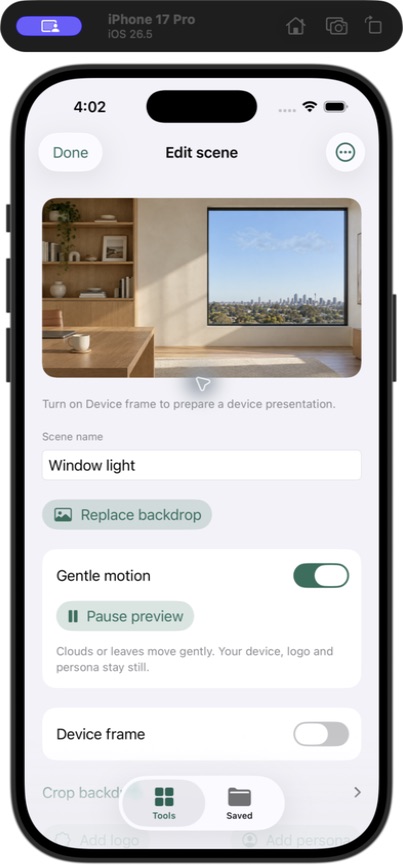 Actual iPhone Simulator editor with Window light, Gentle motion and Pause preview.