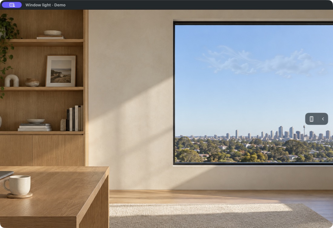 Actual isolated native Mac presentation of Window light, with the room stationary and cloud motion confined to the window.