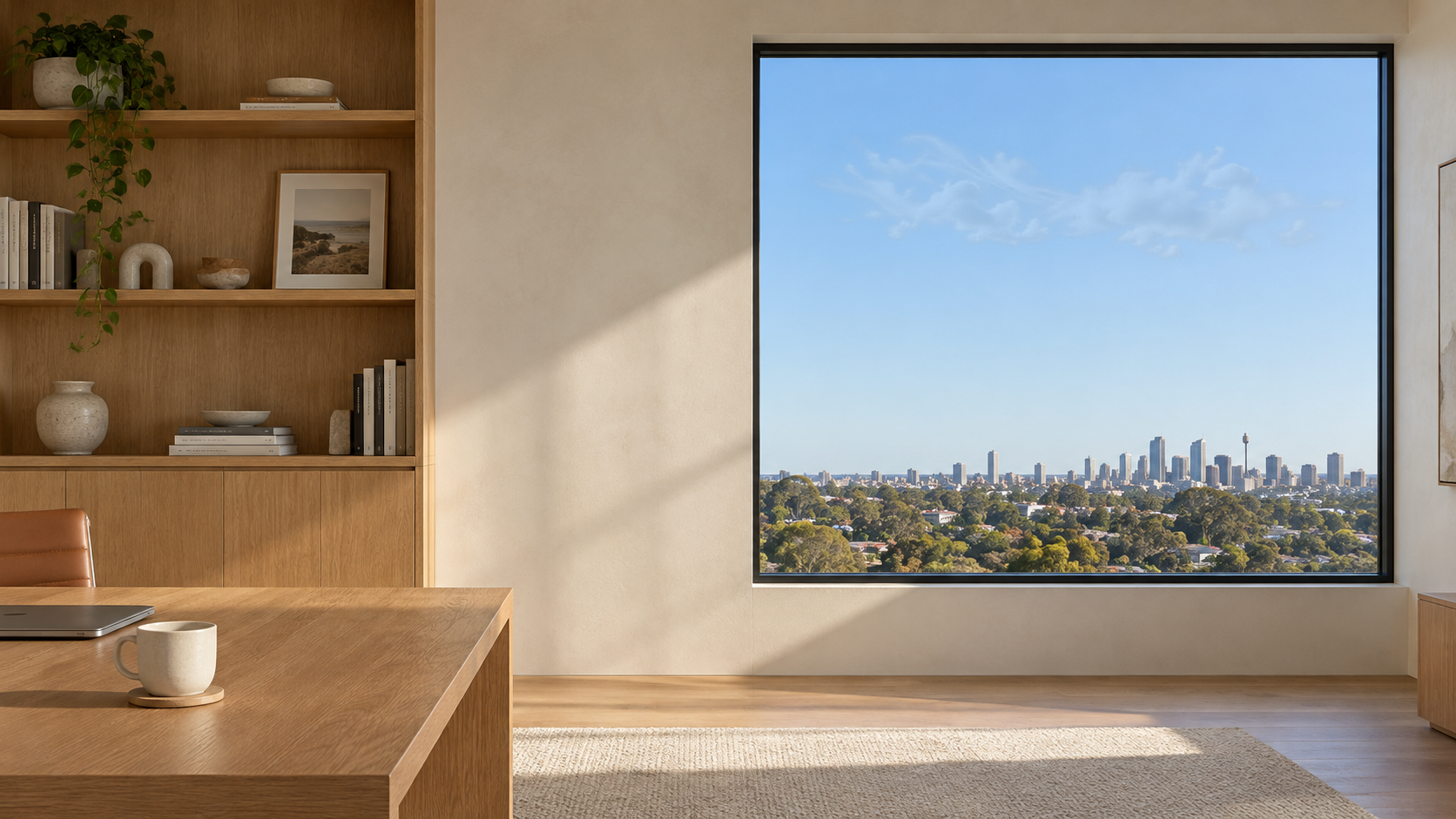 Original Workbench office scene, with an exterior window reserved for drifting cloud detail.