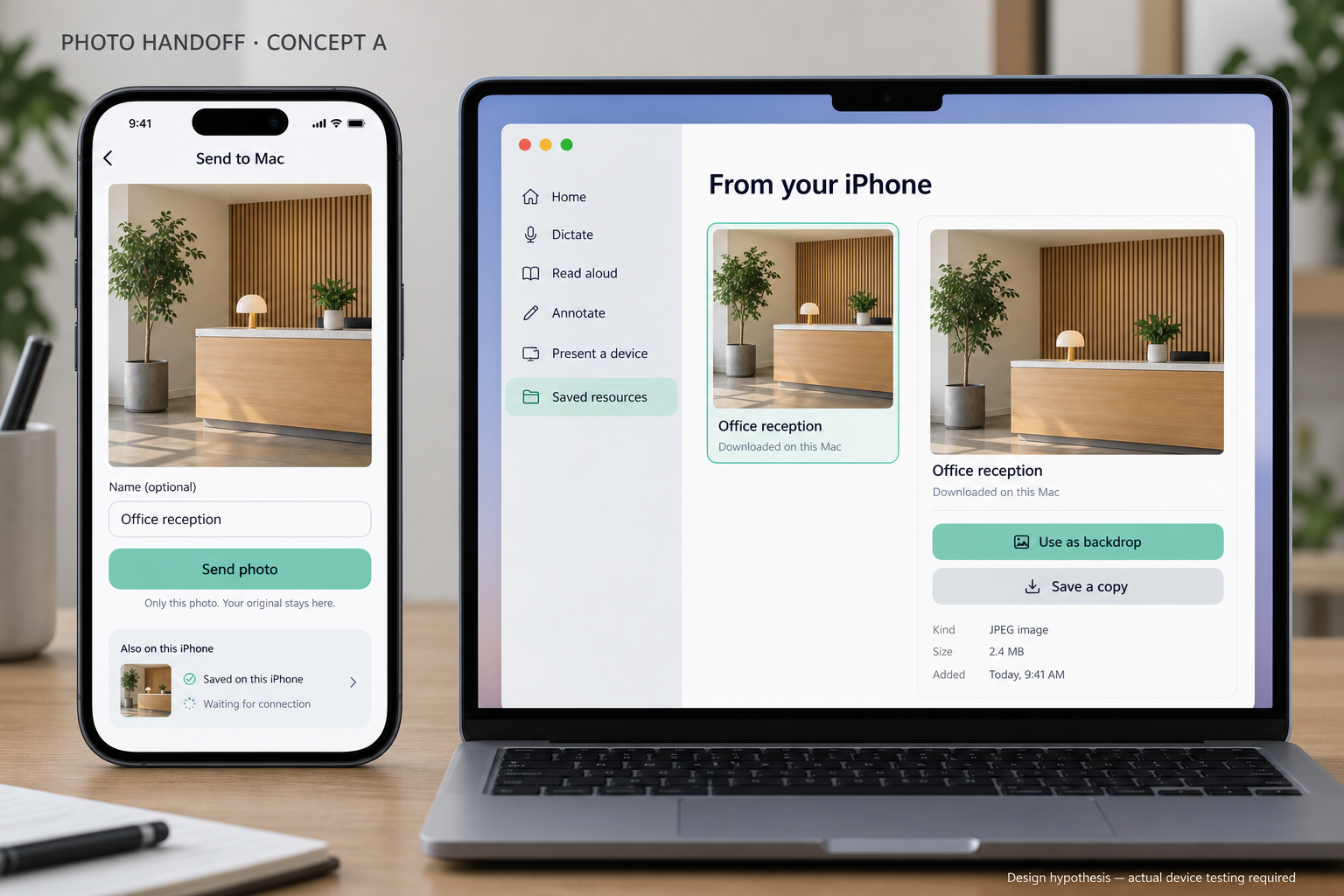 Generated concept showing the same fictional reception photo selected on iPhone and available beside a Mac scene preview.