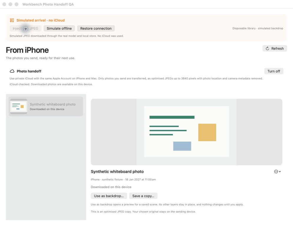 Actual Mac photo handoff view showing a downloaded synthetic image, with a visible Simulated arrival, no iCloud banner.